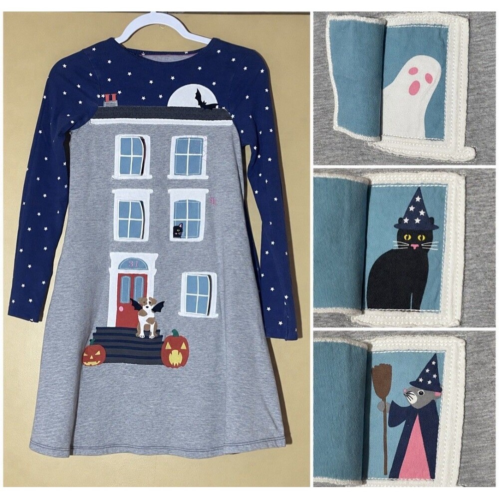 Mini Boden Dress 11-12Y Girls Cotton Halloween Haunted House Cat Dog Ghost Fall